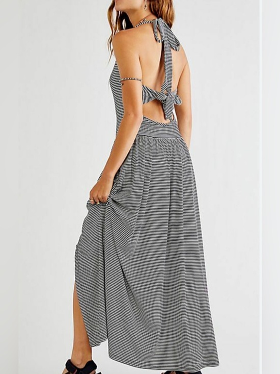 Free People Dresses & Skirts - Free People Black & White Striped Backless Halter Maxi Dress NWOT